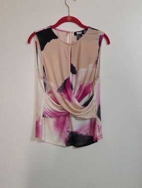 DKNY Pink Cream and Black Draped Sleeveless Tank